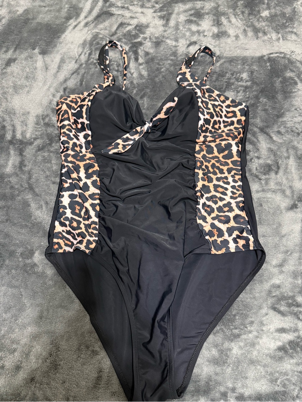 Source Unknown Black One-Piece Swimsuit with Leopard Print Panels